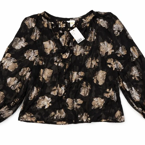 H&M Blouse black sheer gold metallic print size L - Picture 5 of 7